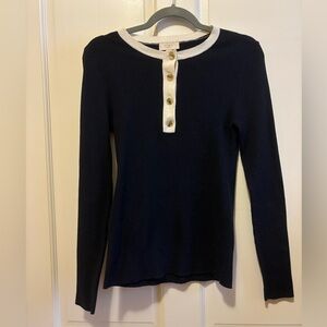 LOFT Navy and Cream Buttoned Sweater